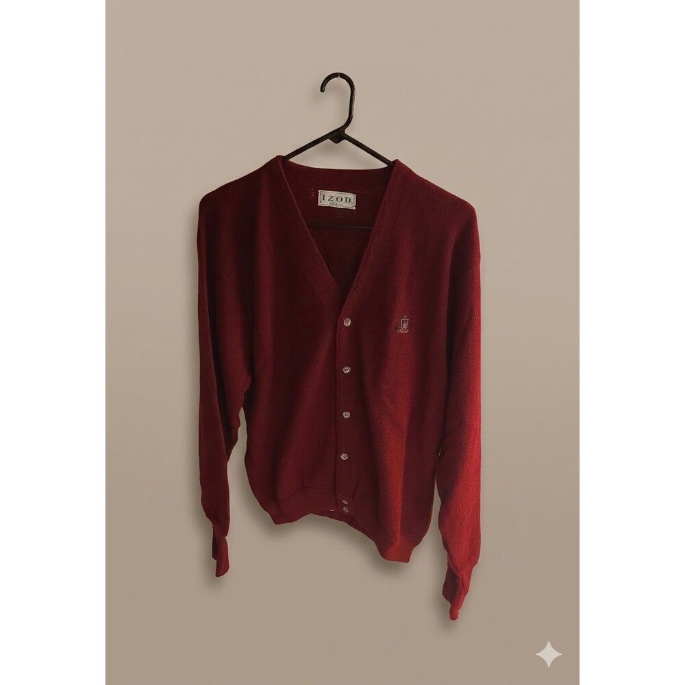 Vtg 90's Izod Cardigan Sweater Burgundy Red Large USA Made Crest Grandpa Acrylic